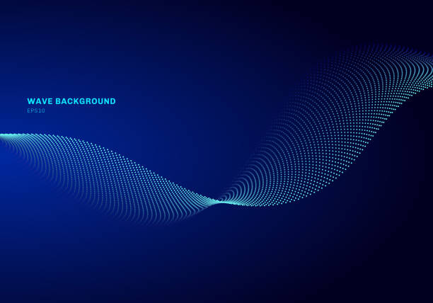abstraktes netzwerkdesign mit teiligblauer welle. dynamische teilchen erklingen welle, die auf glühenden punkten dunklen hintergrund fließt. - sound abstract stock-grafiken, -clipart, -cartoons und -symbole