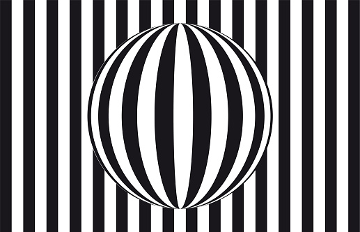 Abstract op art: sphere refracting parallel lines in front of a striped black and white background