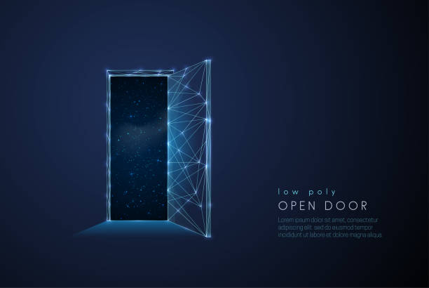 ilustraciones, imágenes clip art, dibujos animados e iconos de stock de puerta abstracta abierta al universo. diseño de estilo polibajo - door