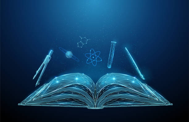 абстрактная открытая школьная книга с иконами школьных предметов - science stock illustrations