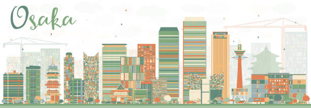 ilustrações de stock, clip art, desenhos animados e ícones de abstrato com cores osaka horizonte de edifícios. - osaka