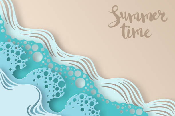 Abstract paper art sea or ocean water waves and beach. Summer background with seacoast. Paper sea waves with lines and bubbles. Abstract paper art sea or ocean water waves and beach. Summer background with seacoast. Paper sea waves with lines and bubbles. Paper cut style river backgrounds stock illustrations