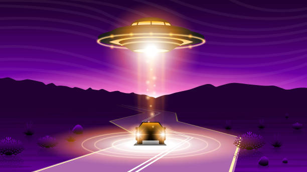Abstract Paper Cut Sunset Background With Unidentified Flying Object Alien Ufo Mountains Road Car Vector Style Abstract Paper Cut Sunset Background With Unidentified Flying Object Alien Ufo Mountains Road Car Vector Style alien photos stock illustrations