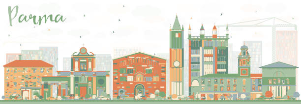 illustrazioni stock, clip art, cartoni animati e icone di tendenza di skyline astratto di parma con edifici a colori. - parma
