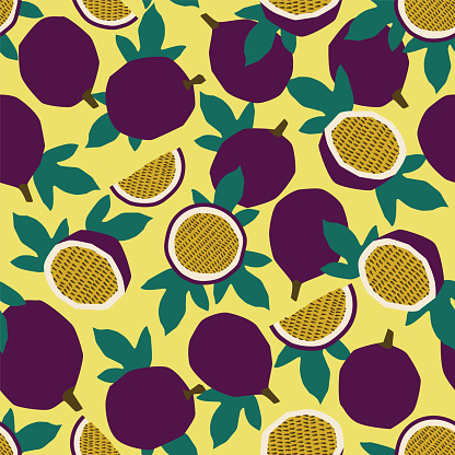 Abstract passion fruit seamless repeat pattern background print in a simple Scandinavian style. Exotic fruit vector design.