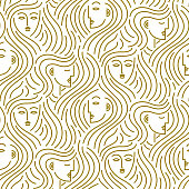 Seamless vector pattern of abstract gold female heads with curling hair