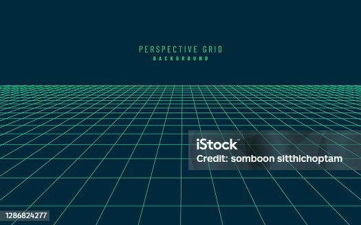istock Abstract perspective dark blue green grid. Retro futuristic neon line on dark background, 80s design perspective distorted plane landscape composed of crossed neon lights and laser beams. Vector EPS10 1286824277