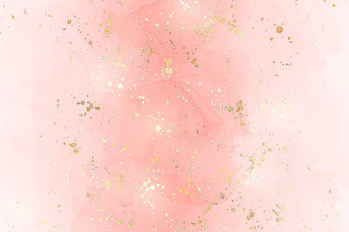 Abstract pink liquid watercolor background with golden confetti. Pastel blush marble alcohol ink drawing effect and golden foil dust. Vector illustration design template for wedding invitation