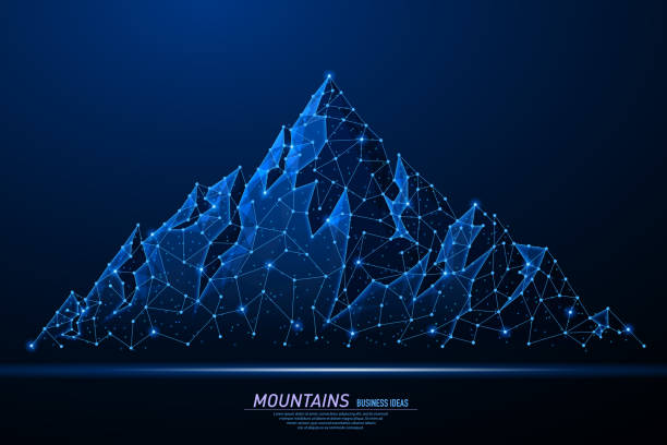 Abstract polygonal light of mountains. Abstract polygonal light of mountains. Business wireframe mesh spheres from flying debris. Climbing route to top rock concept. Blue structure style vector illustration. technology silhouettes stock illustrations