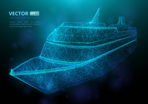 Abstract polygonal marine ship or boat with texture of starry sky Abstract polygonal marine ship or boat with texture of starry sky. Vector illustration consisting of polygons, points and lines isolated on dark blue background drone patterns stock illustrations
