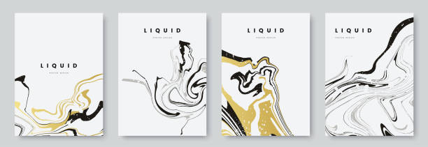 Abstract poster design with curves lines. Collection of gold and black liquid marble texture on white background. A4 size. Ideal for banner, flyer, invitation, cover, business card. Vector eps 10 vector art illustration