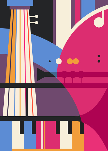 Abstract poster with different music instruments. Creative placard design in flat style.