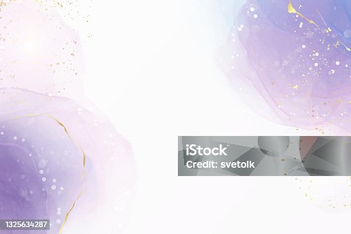 istock Abstract purple liquid watercolor background with golden stain and lines. Violet geode hand drawn flow alcohol ink effect. Vector illustration design template for wedding invitation 1325634287