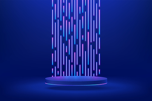 Abstract realistic 3d blue cylinder pedestal podium. Sci-fi dark blue abstract room concept with speed vertical glowing neon lighting. Vector rendering product display presentation. Futuristic scene.