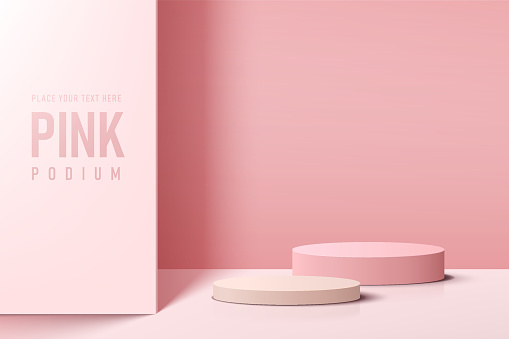 Abstract realistic 3D pink cylinder pedestal podium set with shadow and lighting. Pastel pink minimal scene for product display presentation. Valentine festival. Vector geometric rendering platform.