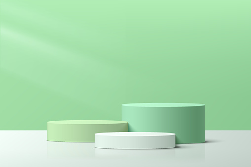 Abstract realistic 3D white and green-blue steps cylinder pedestal podium set with pastel minimal wall scene for cosmetic product display presentation. Vector geometric rendering platform design.