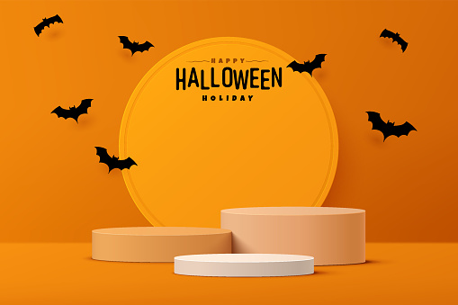 Abstract realistic 3D white and orange cylinder pedestal podium set with bat cartoon flying. Happy halloween minimal scene for product display presentation. Vector geometric rendering platform design.