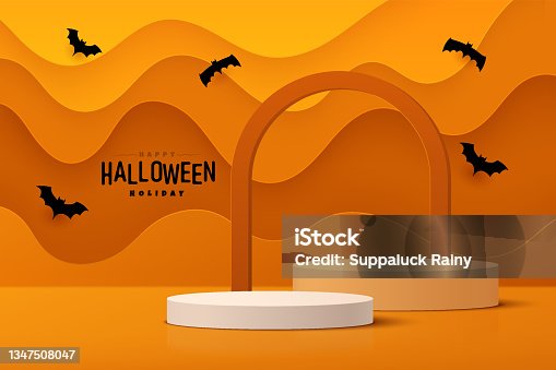 istock Abstract realistic 3D white and orange cylinder pedestal podium set with wavy layers backdrop. Happy halloween minimal scene for product display presentation. Vector geometric rendering platform. 1347508047