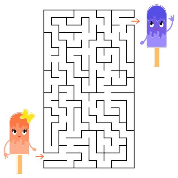Abstract rectangular maze with a cute color cartoon character. Funny ice cream. An interesting and useful game for children. Simple flat vector illustration isolated on white background. Abstract rectangular maze with a cute color cartoon character. Funny ice cream. An interesting and useful game for children. Simple flat vector illustration isolated on white background maze silhouettes stock illustrations