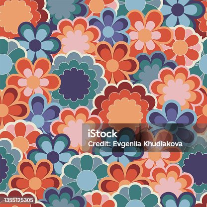 istock Abstract retro floral seamless pattern. Colorful vector illustration. Groovy geometric flowers, hippie style. 60s, 70s 1355125305