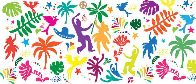 2020 Abstract Rio Brazilian Carnival music dance festival night party seamless pattern Samba dancer parade, New Orleans, Mardi Gras, notting hill, Venezia costume exotic tropical palm leaves vector doodle