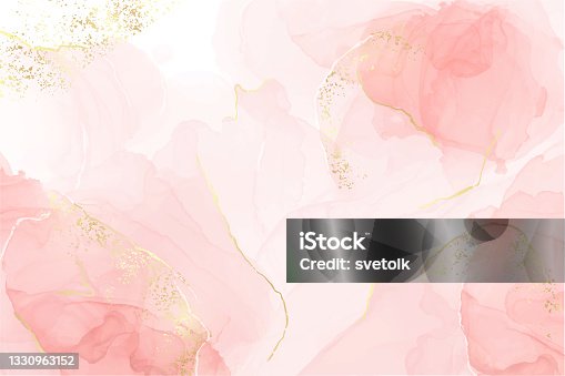istock Abstract rose blush liquid watercolor background with golden lines, dots and stains. Pastel marble alcohol ink drawing effect. Vector illustration design template for wedding invitation 1330963152