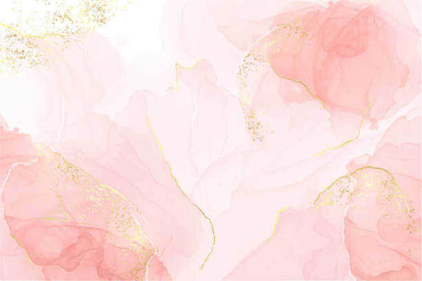 抽象的なバラは、黄金の線、ドットや汚れと液体の水彩の背景を赤面。パステル大理石アルコールインク描画効果。結婚式の招待状のためのベクトルイラストデザインテンプレート - ピンク色点のイラスト素材／クリップアート素材／マンガ素材／アイコン素材