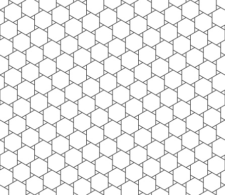 Abstract seamless geometric pattern, black and white outline of hexagons with small triangle shape. Linear style, vector illustration