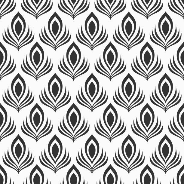 Abstract seamless pattern of stylized peacock feathers. Monochrome elegant vector background. Abstract seamless pattern of stylized peacock feathers. Modern stylish texture. Stylized bird feathers. Design for print, fabric, cloth, textile, decoration. Monochrome elegant vector background. peacock feather stock illustrations