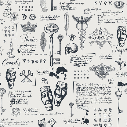 Vector seamless pattern on the theme of theater and drama with drawings of theatrical masks, vintage keys and lettering. Retro wallpaper, wrapping paper or backdrop for textile with sketches and blots