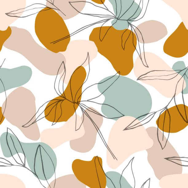 Abstract  seamless pattern with botanical lines  leaves in  pastel color background. For fabric, textile, greeting card template, wall art, social media post, packaging. Abstract  seamless pattern with botanical lines  leaves in  pastel color background. For fabric, textile, greeting card template, wall art, social media post, packaging. blossom stock illustrations