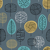 Abstract seamless pattern with Forest background. Trees, bushes, grass, foliage. Vector background for various surface. Trendy hand drawn textures. Stock illustration