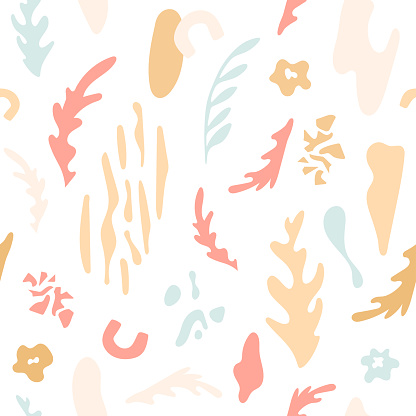 Abstract seamless pattern with leaves, floral elements, shapes and textures.