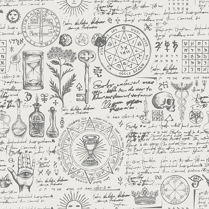 Vector seamless background on the theme of alchemy, medicine, magic, witchcraft and mysticism with various esoteric and occult symbols. Medieval manuscript with sketches and notes in retro style