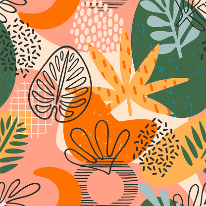 Abstract seamless pattern with tropical leaves. Hand draw texture. Vector.