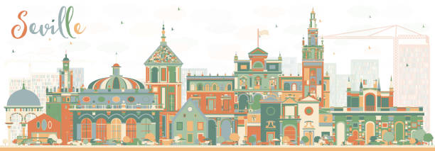 abstract seville skyline with color buildings. - sevilla stock illustrations