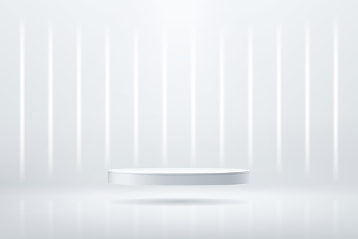 Abstract shine silver cylinder pedestal podium. Sci-fi empty room concept with vertical glowing neon lighting. Vector rendering 3d shape, Product display presentation. Futuristic minimal wall scene.