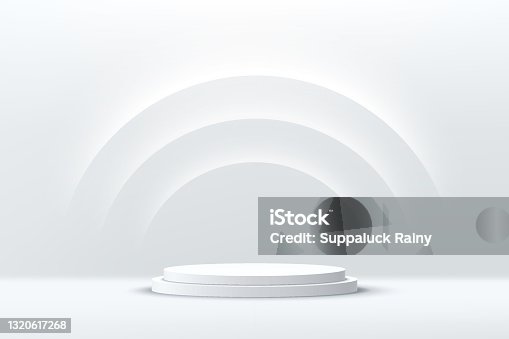 istock Abstract shine silver cylinder pedestal podium. Sci-fi white empty room concept with semi circle glowing neon lighting. Vector rendering 3d shape, Product display presentation. Futuristic wall scene. 1320617268