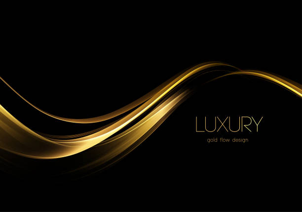 Abstract shiny color gold wave design element Abstract shiny color gold wave design element on dark background. Fashion motion flow design for voucher, website and advertising design. Golden silk ribbon for cosmetic gift voucher award drawings stock illustrations