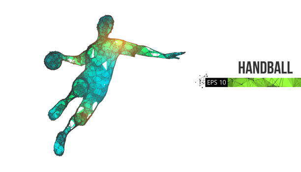 abstract silhouette of a wireframe handball player from particles on the background. convenient organization of eps file. vector illustartion. thanks for watching - 手球 幅插畫檔、美工圖案、卡通及圖標