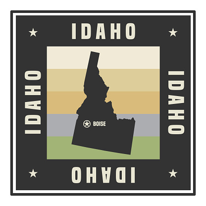 Abstract square stamp or sign with silhouette and name of US state Idaho, vector illustration