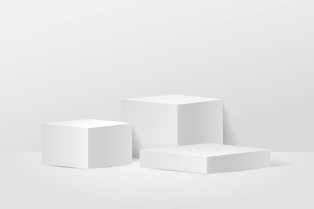 現代のウェブサイト上の賞のための抽象的な段階。表彰台と最小限の白い壁のシーン、3dレンダリング幾何学的形状グレーの色を持つ背景グレーレンダリング。 - 商品点のイラスト素材／クリップアート素材／マンガ素材／アイコン素材