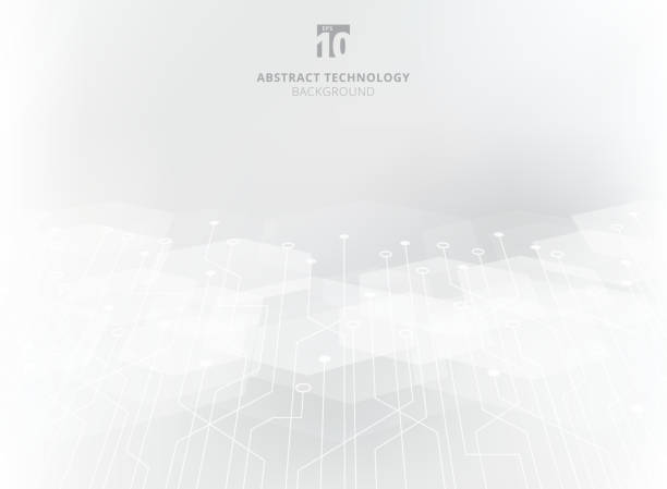 abstrakcyjna płytka drukowana technologii na szarym geometrycznym tle perspektywy nakładki sześciokątnej. - technology background stock illustrations