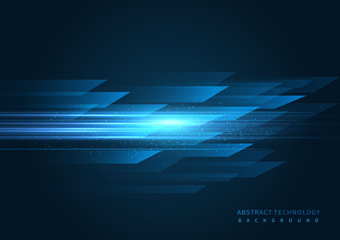 Abstract technology geometric overlapping hi speed line movement design on blue background with copy space for text.
