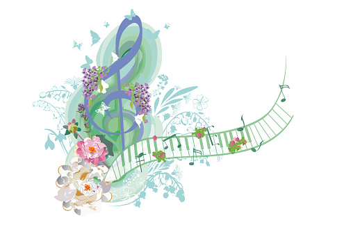 Abstract treble clef decorated with summer and spring flowers, notes.