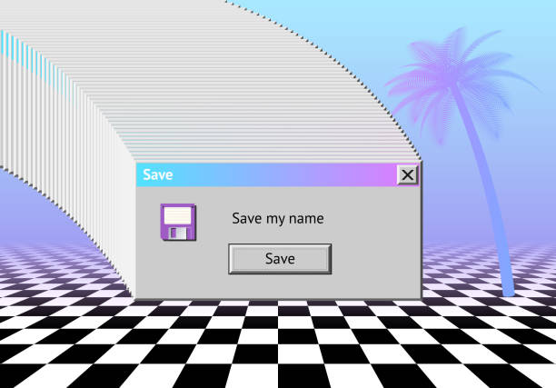Abstract vaporwave aesthetics background with 90s style system message window, palm and checkered floor covered with pink and blue mist Abstract vaporwave aesthetics background with 90s style system message window, palm and checkered floor covered with pink and blue gradient mist vaporwave stock illustrations