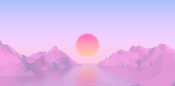 Abstract vaporwave landscape with sun rising over pink mountains and sea on calm pink and blue background. Vector illustration Abstract vaporwave landscape with sun rising over pink mountains and sea on calm soft pink and blue background. Vector illustration vaporwave stock illustrations