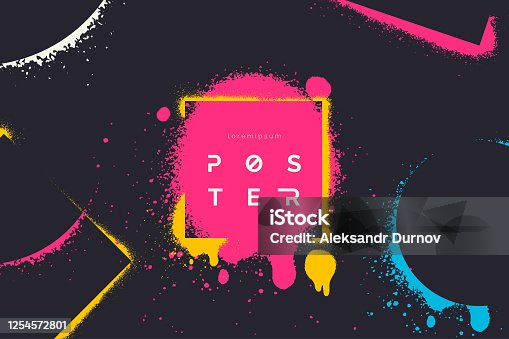 istock Abstract vector background with spray paint texture. Graffiti backdrop with blots of paint and place for text in neon colours. Minimalist poster concept. Art banner design. Grunge style. 1254572801