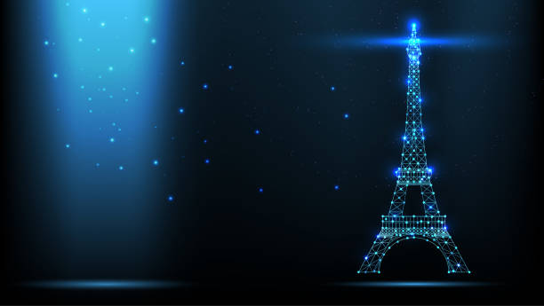 Abstract vector Illustration wireframe telecommunications signal transmitter, france radio antenna eiffel tower from lines and triangles, point connecting network on dark background  eiffel tower stock illustrations