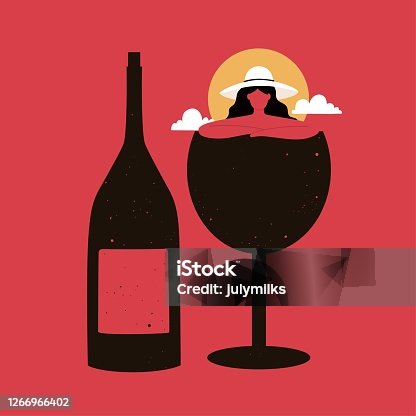istock Abstract vector illustration with woman, wineglass and wine bottle. 1266966402